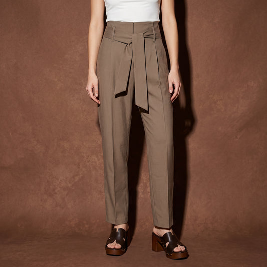 Pantaloni alla Caviglia con Cintura Vita - Grigio fango