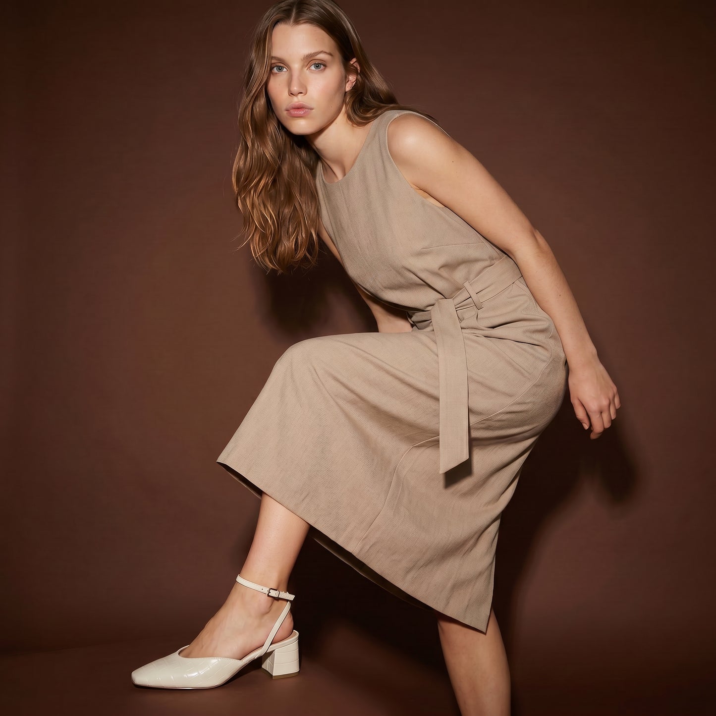 Midi halter dress with waist belt - Beige