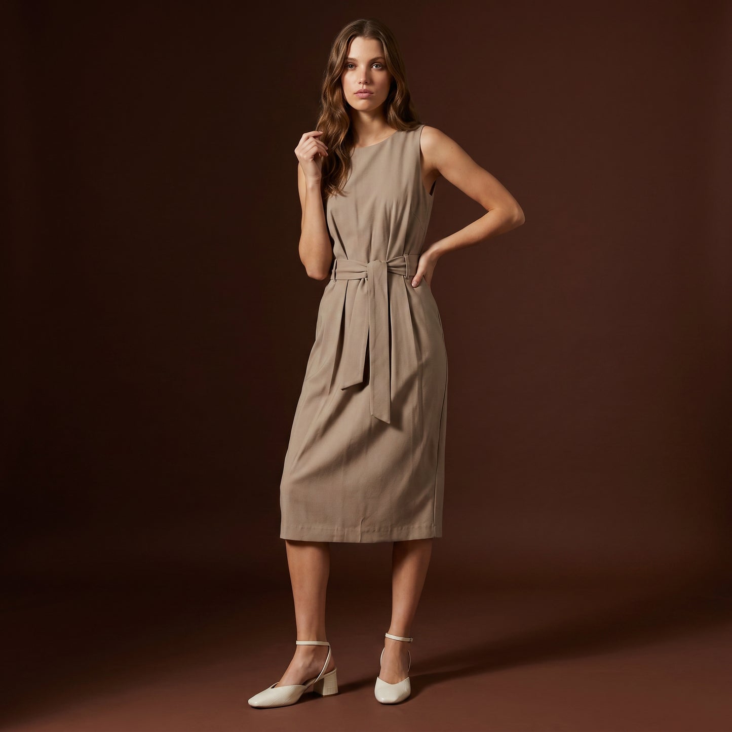 Midi halter dress with waist belt - Beige
