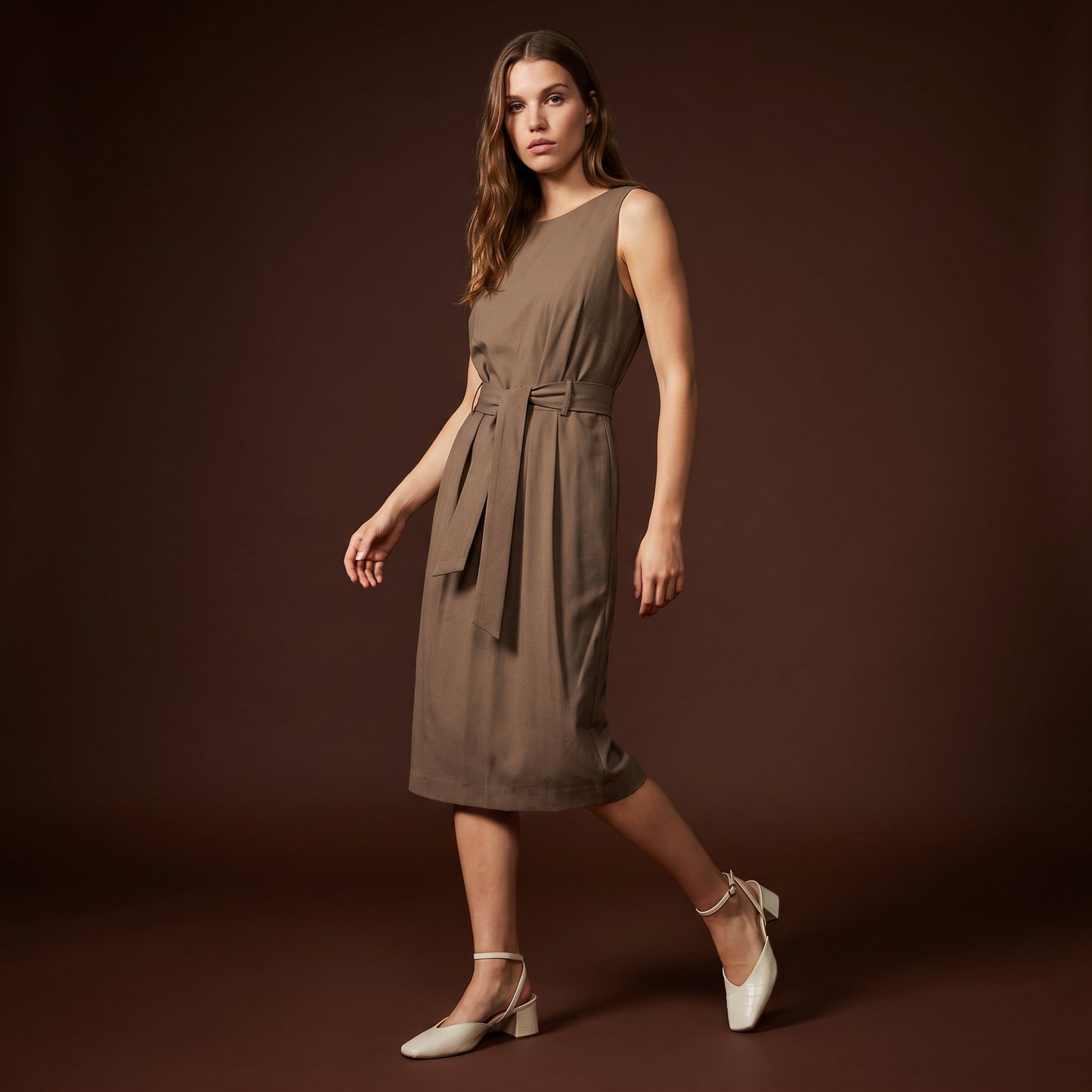 Midi halter dress with waist belt - Grey