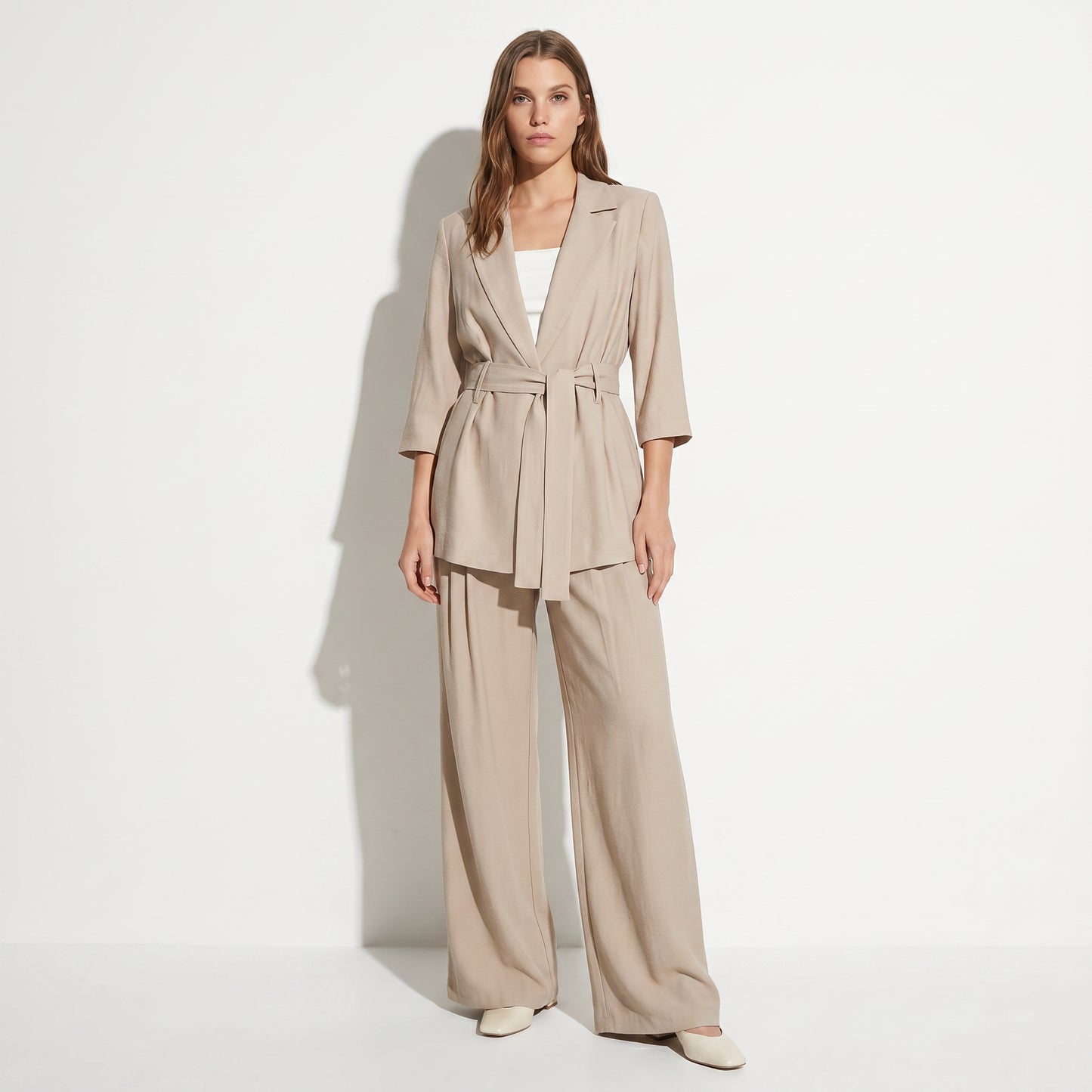 Palazzo Pants with Pleats and Pockets - Beige