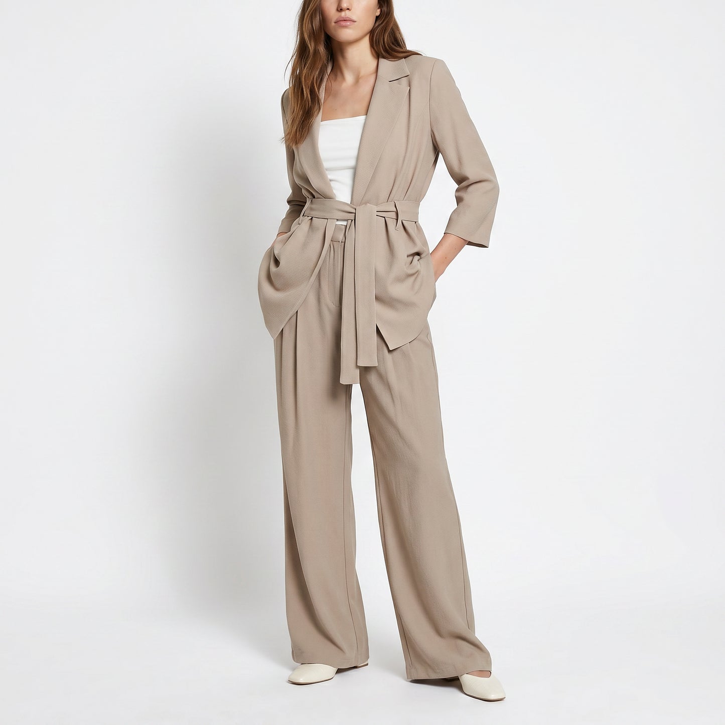 Palazzo Pants with Pleats and Pockets - Beige