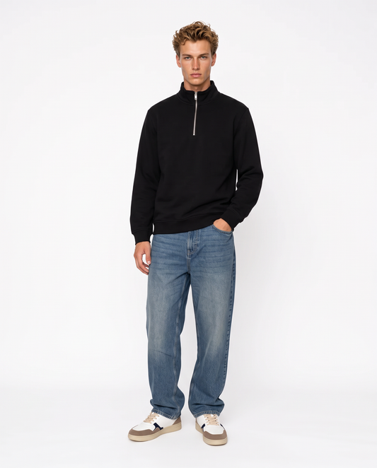 Felpa lupetto zip in misto cotone - Nero