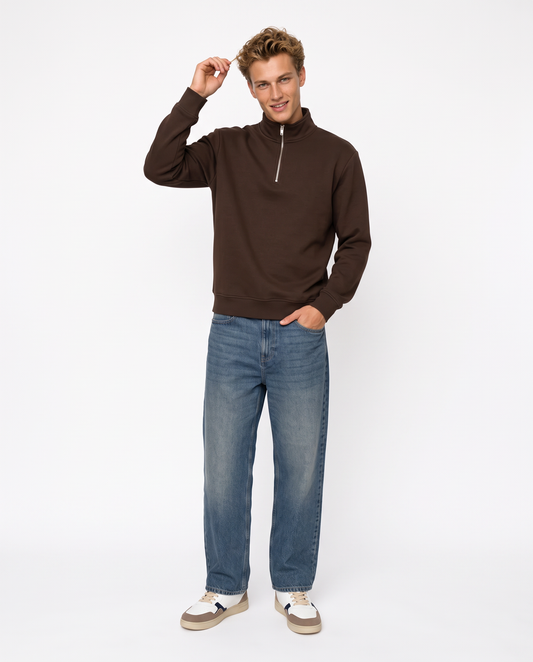 Felpa lupetto zip in misto cotone - Moro