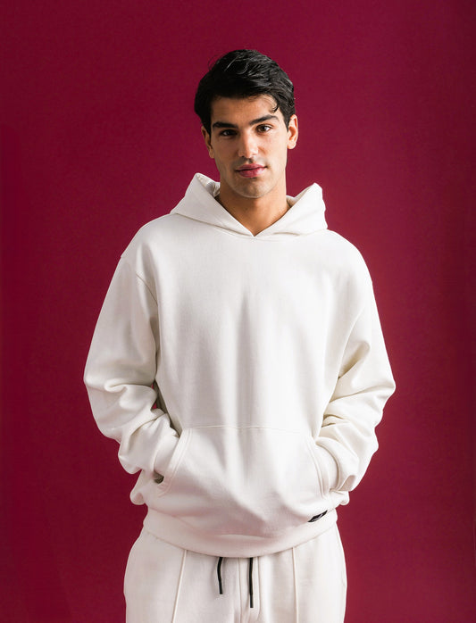 FELPA BOXY FIT CON CAPPUCCIO - Bianco