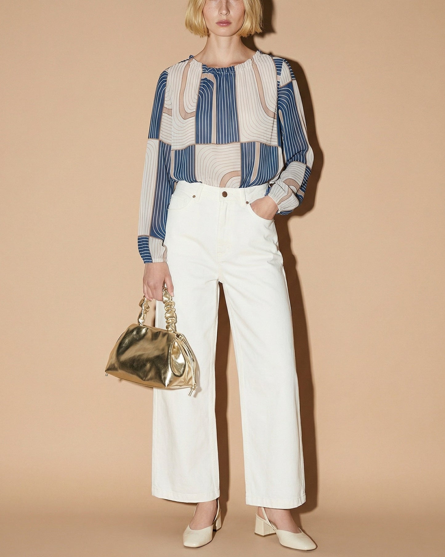 Blusa con stampa e fiocco sull'orlo - Blu