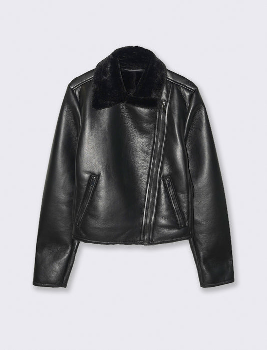 GIUBBOTTO MODELLO CHIODO CON INTERNO IN TESSUTO EFFETTO SHEARLING - Nero