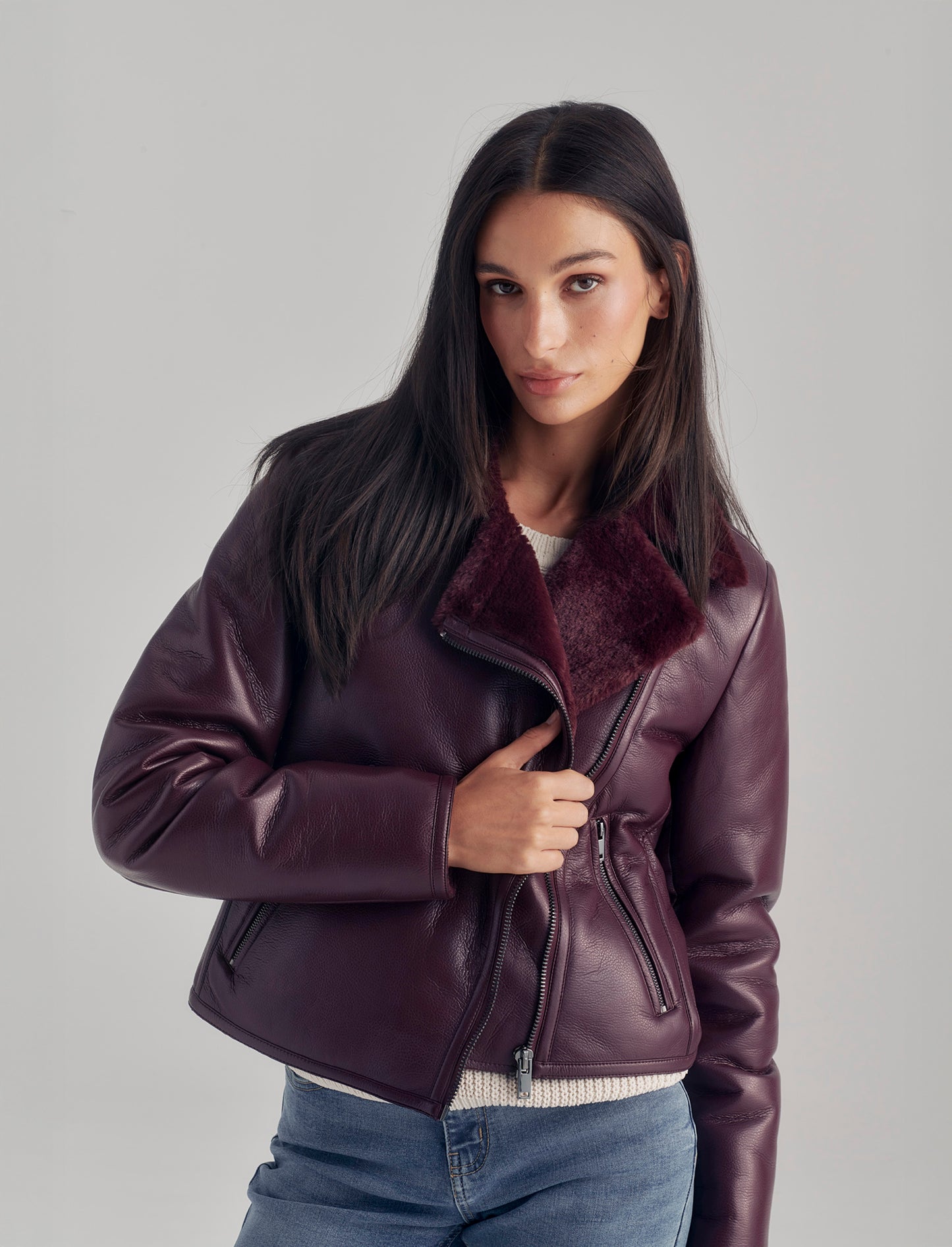 GIUBBOTTO MODELLO CHIODO CON INTERNO IN TESSUTO EFFETTO SHEARLING - Bordeaux