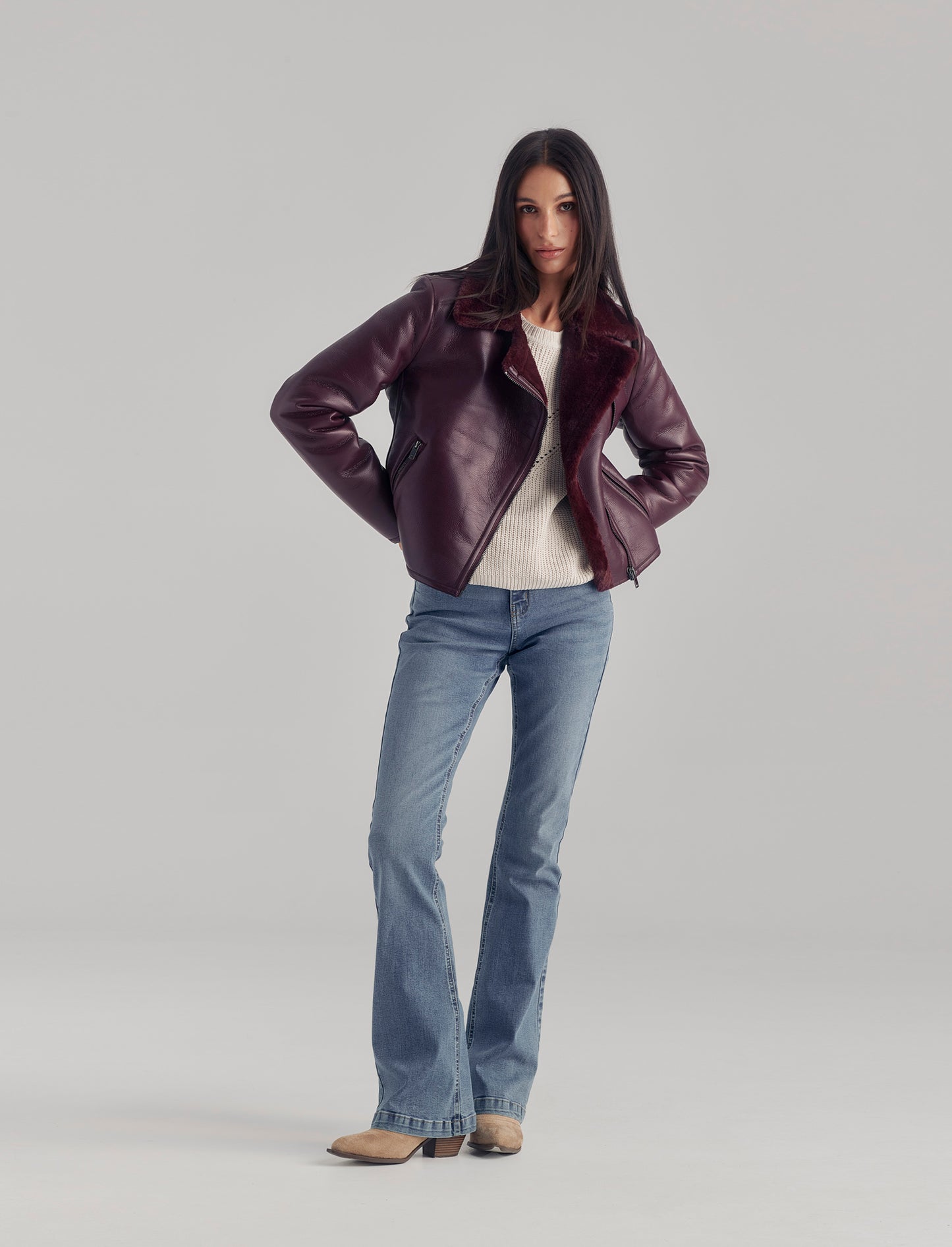 GIUBBOTTO MODELLO CHIODO CON INTERNO IN TESSUTO EFFETTO SHEARLING - Bordeaux