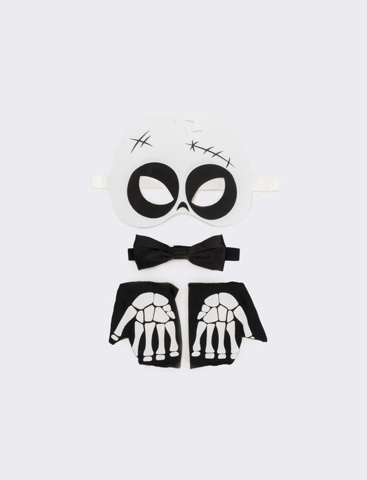 Set halloween bambino mascherina,guanto e papillon con teschio - Bianco-nero