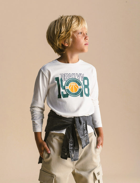 T-shirt manica lunga con stampa. - Bianco latte