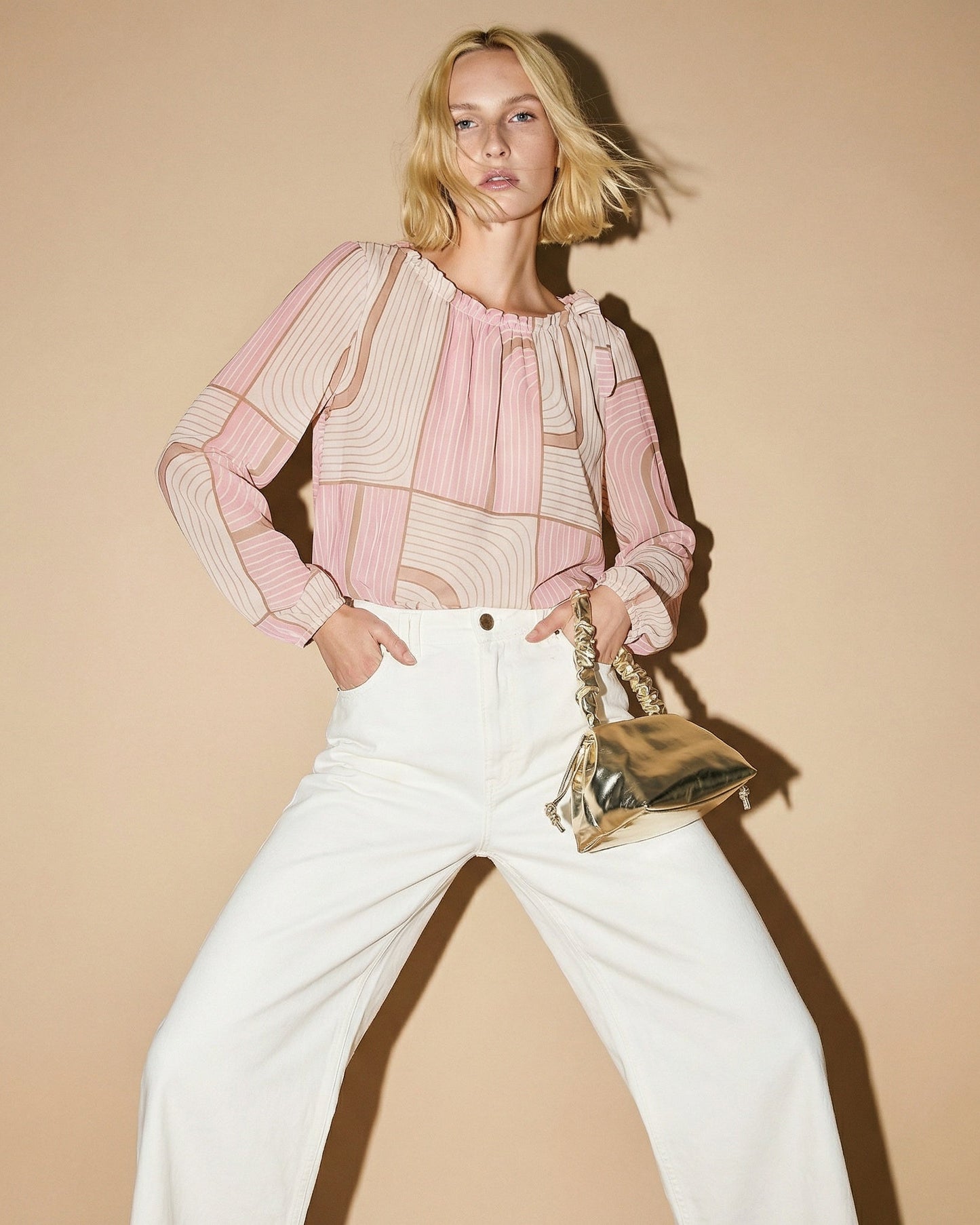 Blusa con stampa e fiocco sull'orlo - Rosa