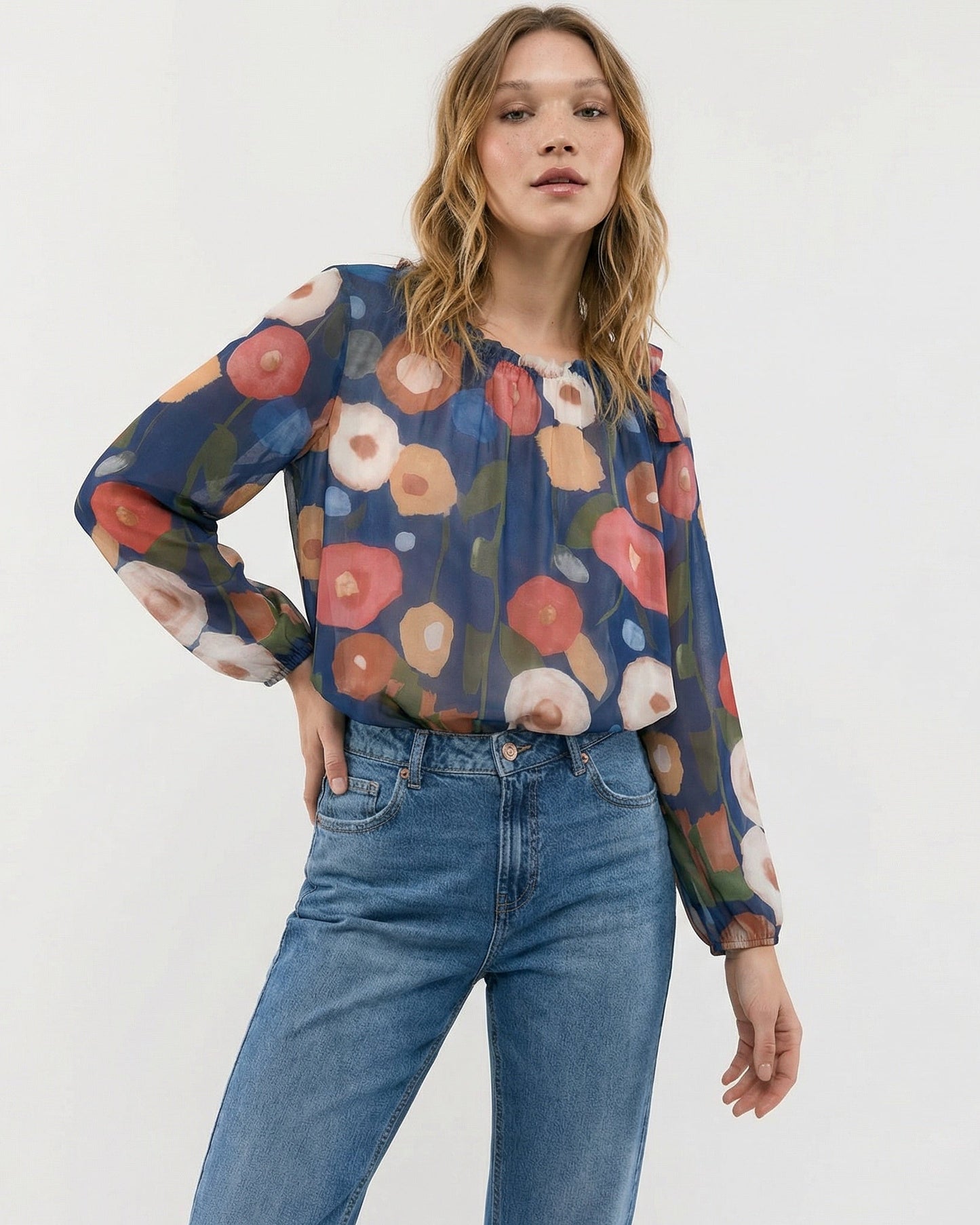 Long sleeve top with ruched neckline - Blue