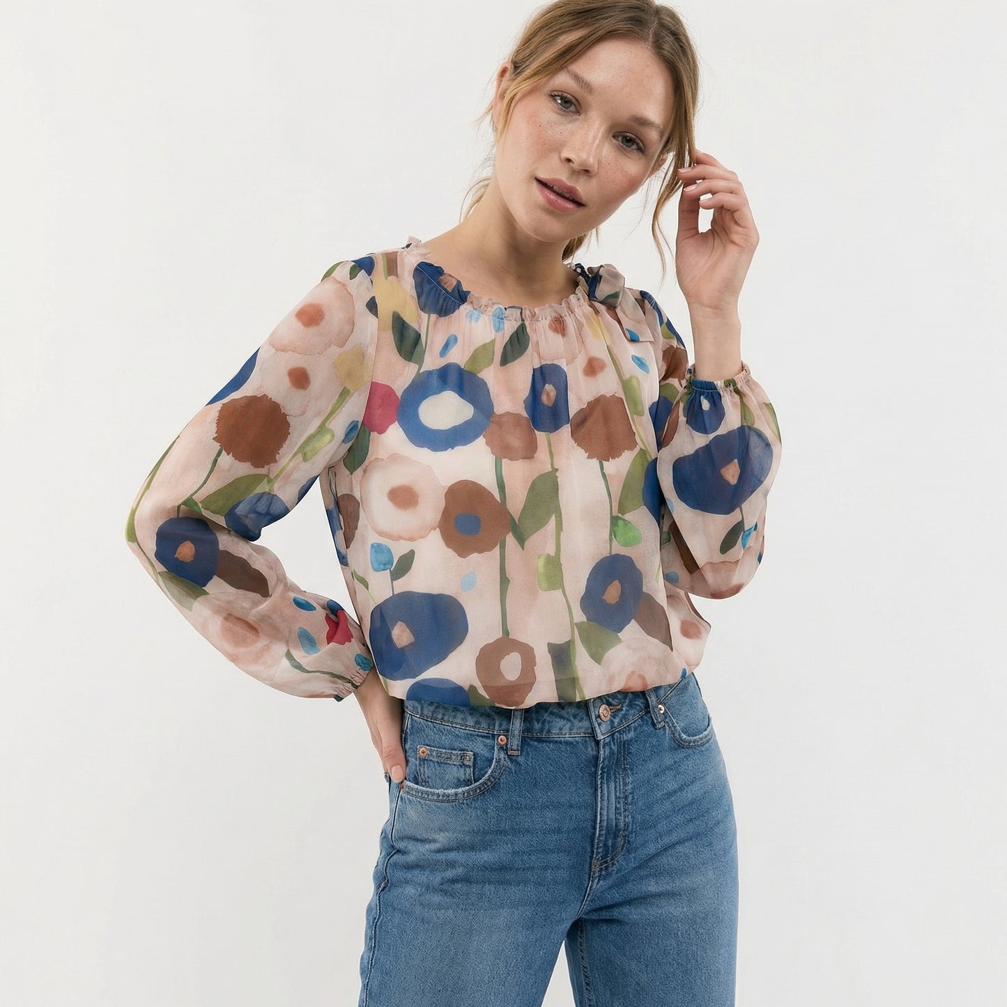 Casacca a manica lunga con scollo arricciato - Beige