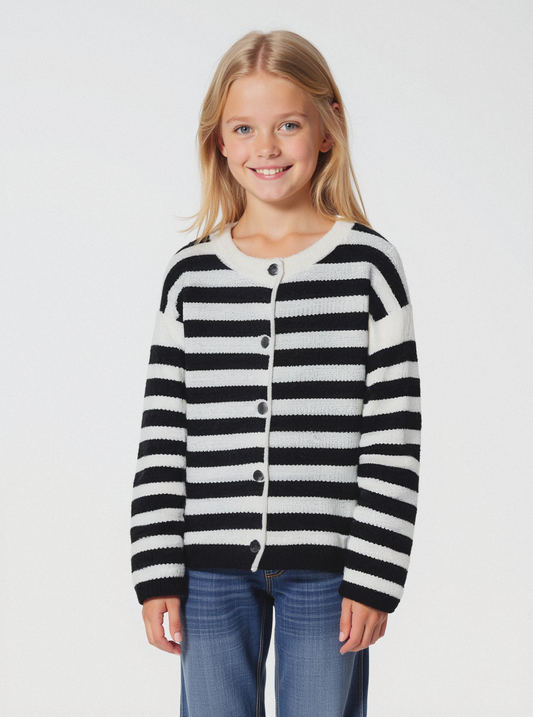 Cardigan girocollo a righe da bambina - Bianco-nero