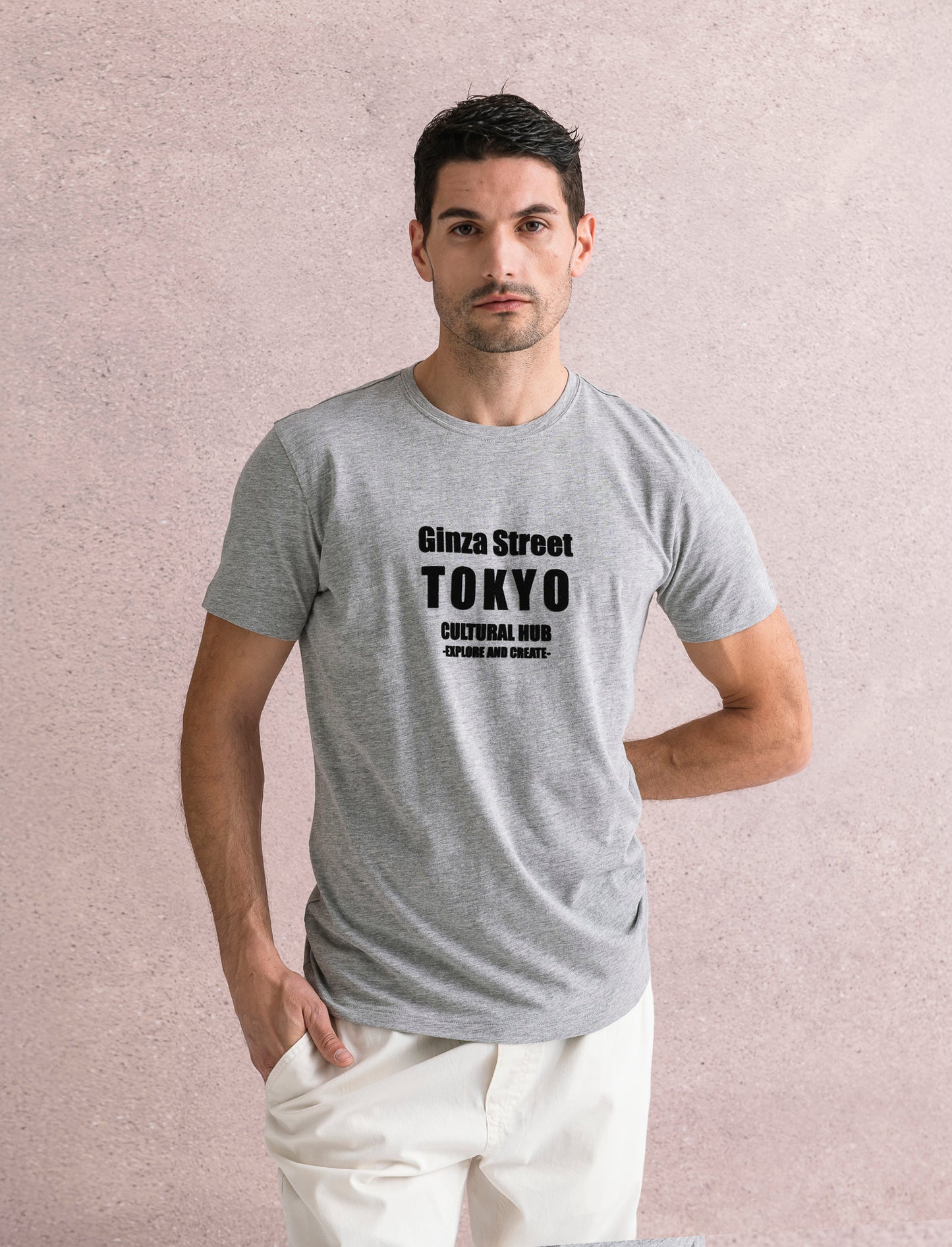 T-SHIRT IN COTONE CON STAMPA FLOCK - Grigio mel.