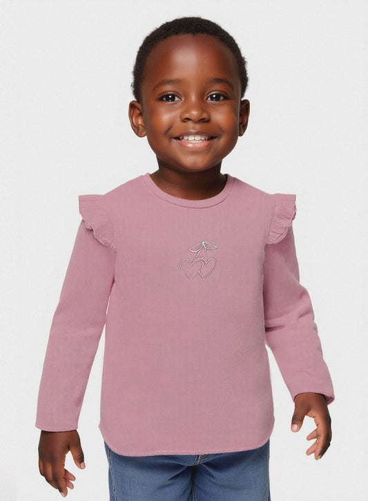 T shirt in costina con ricamo - Rosa
