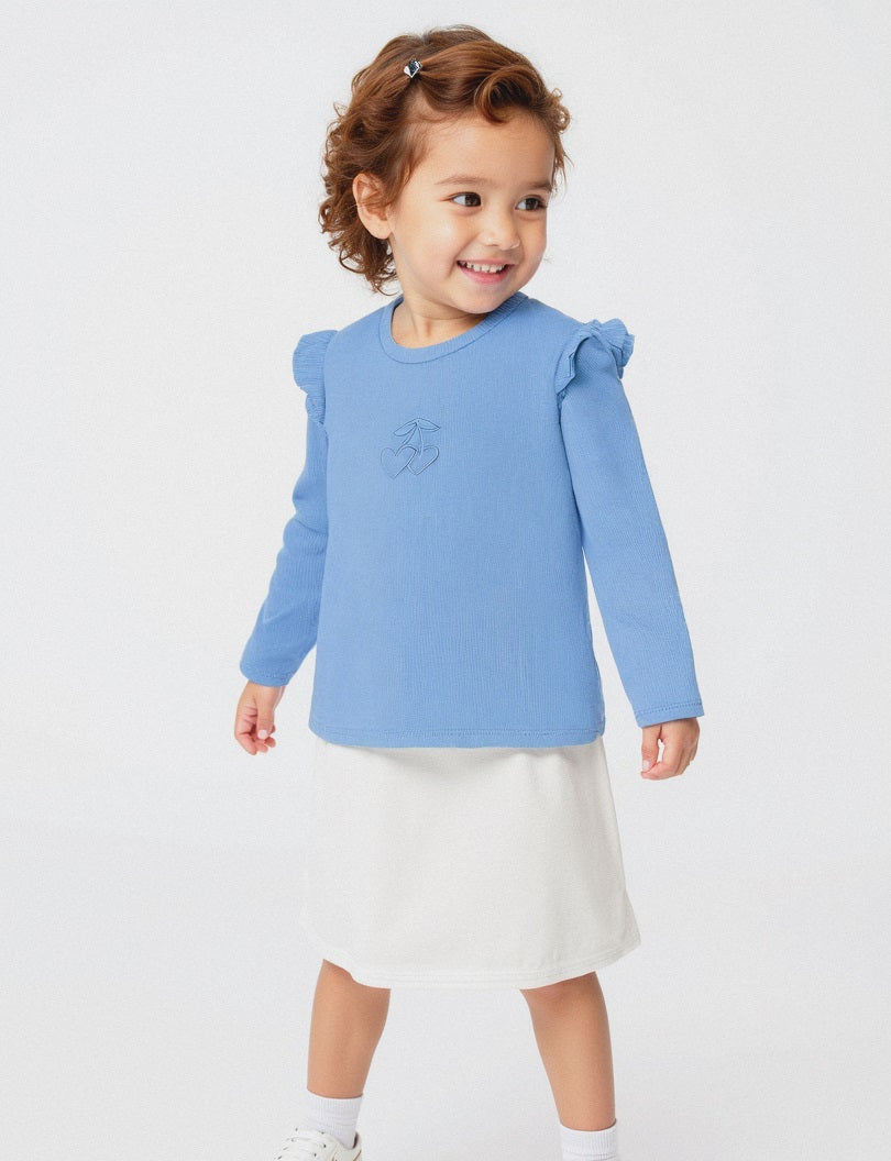 T shirt in costina con ricamo - Azzurro