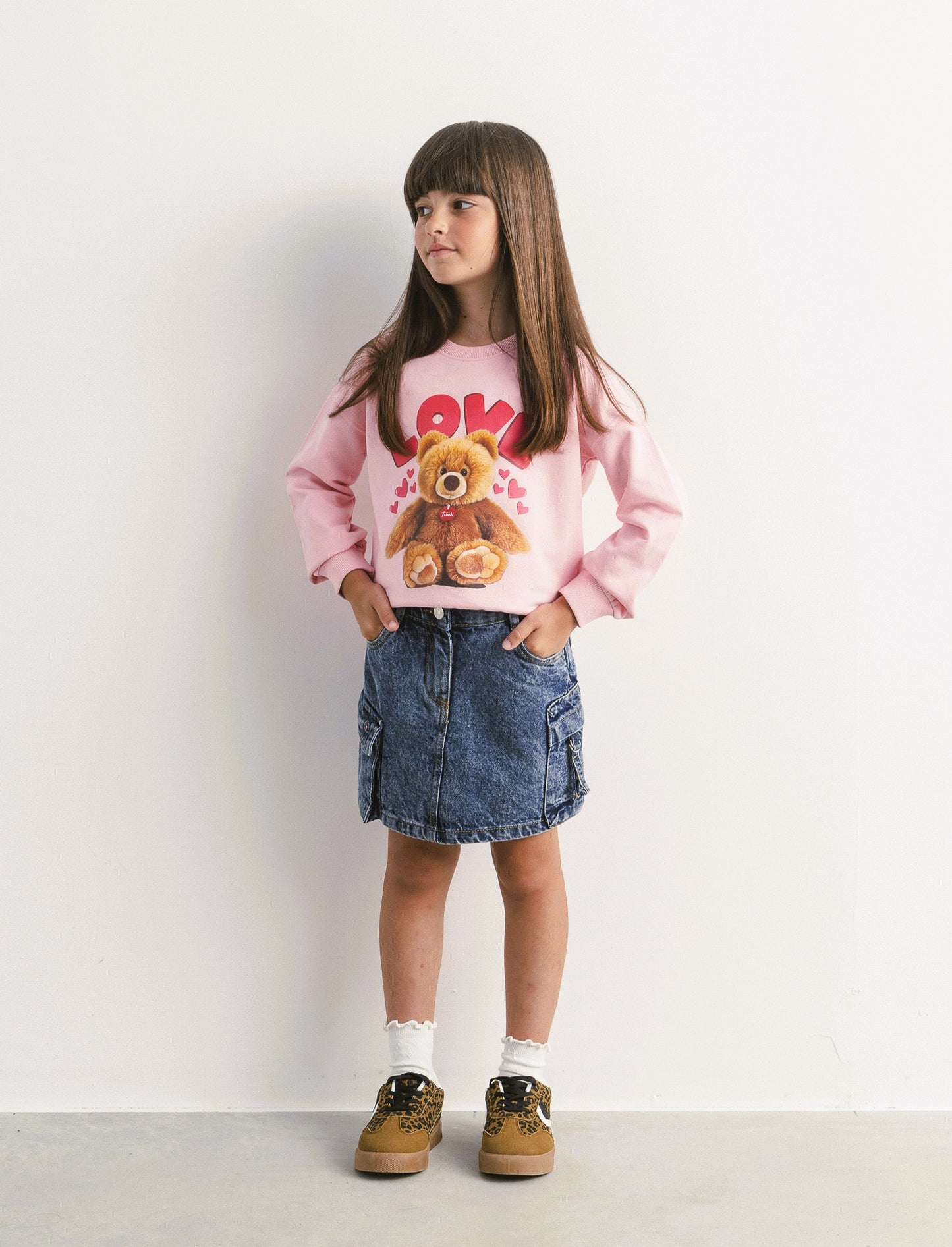 Gonna da bambina in denim con tasconi laterali. - Denim
