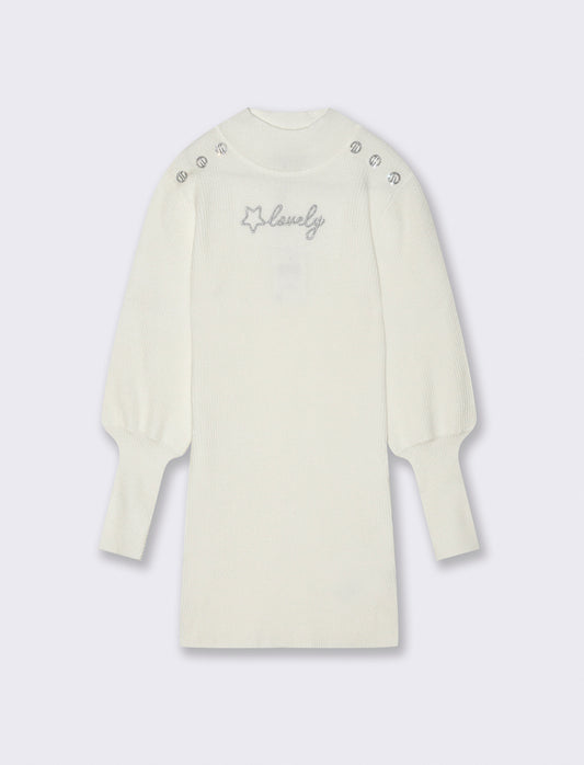 Abito da bambina a manica lunga in costina con ricamo e bottoni gioiello. - Bianco sporco