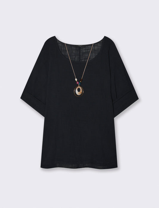 Round neck blouse with three-quarter sleeves - Black