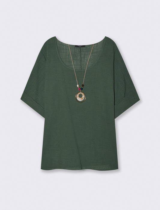 Round neck blouse with three-quarter sleeves - Green