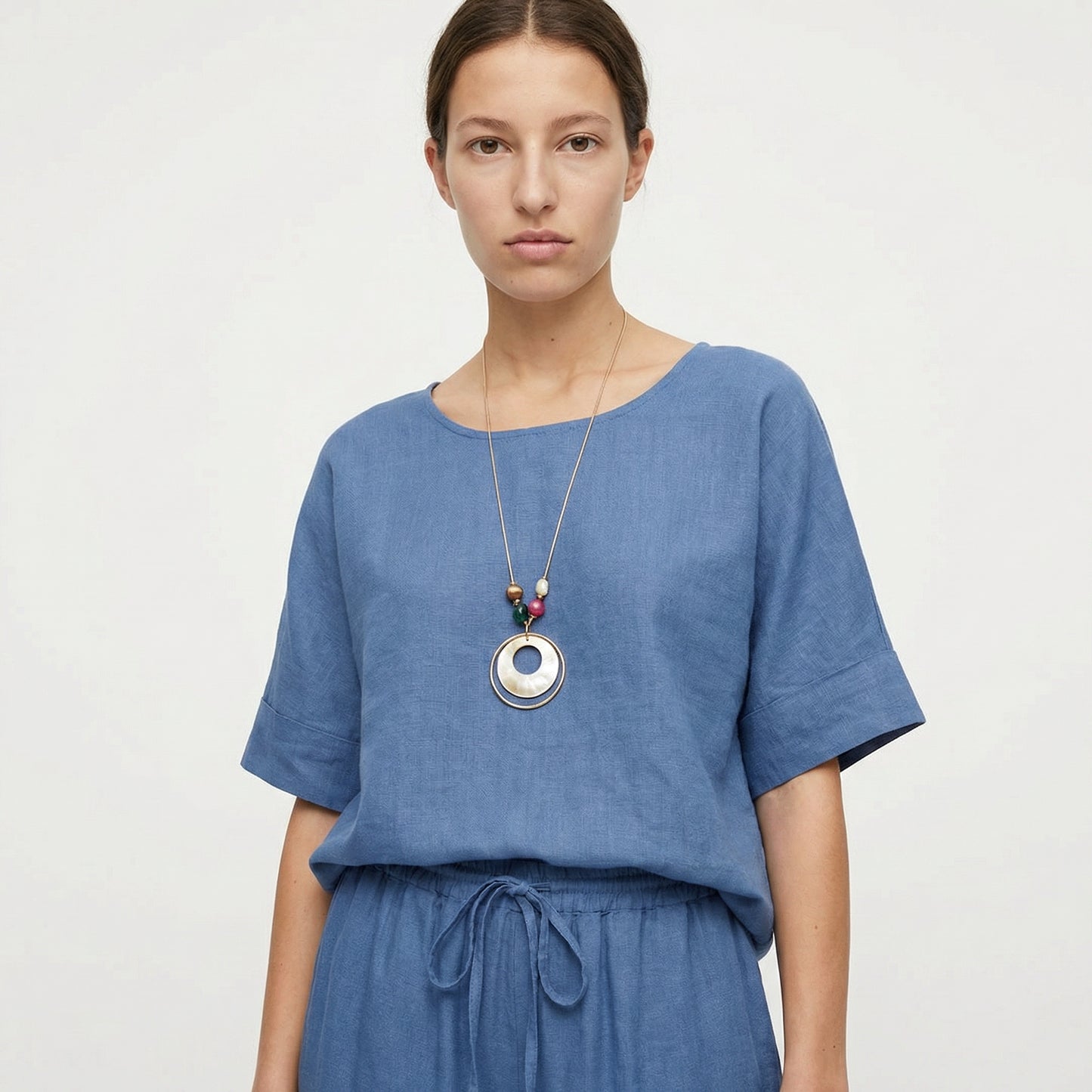 Round neck blouse with three-quarter sleeves - Blue