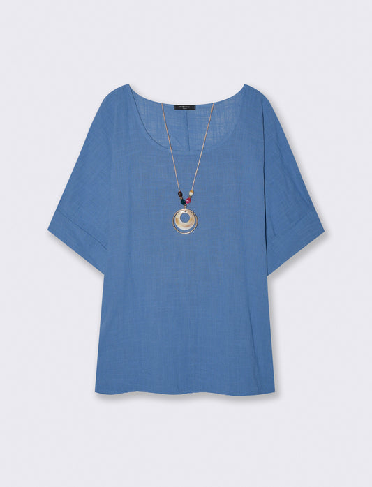 Round neck blouse with three-quarter sleeves - Blue