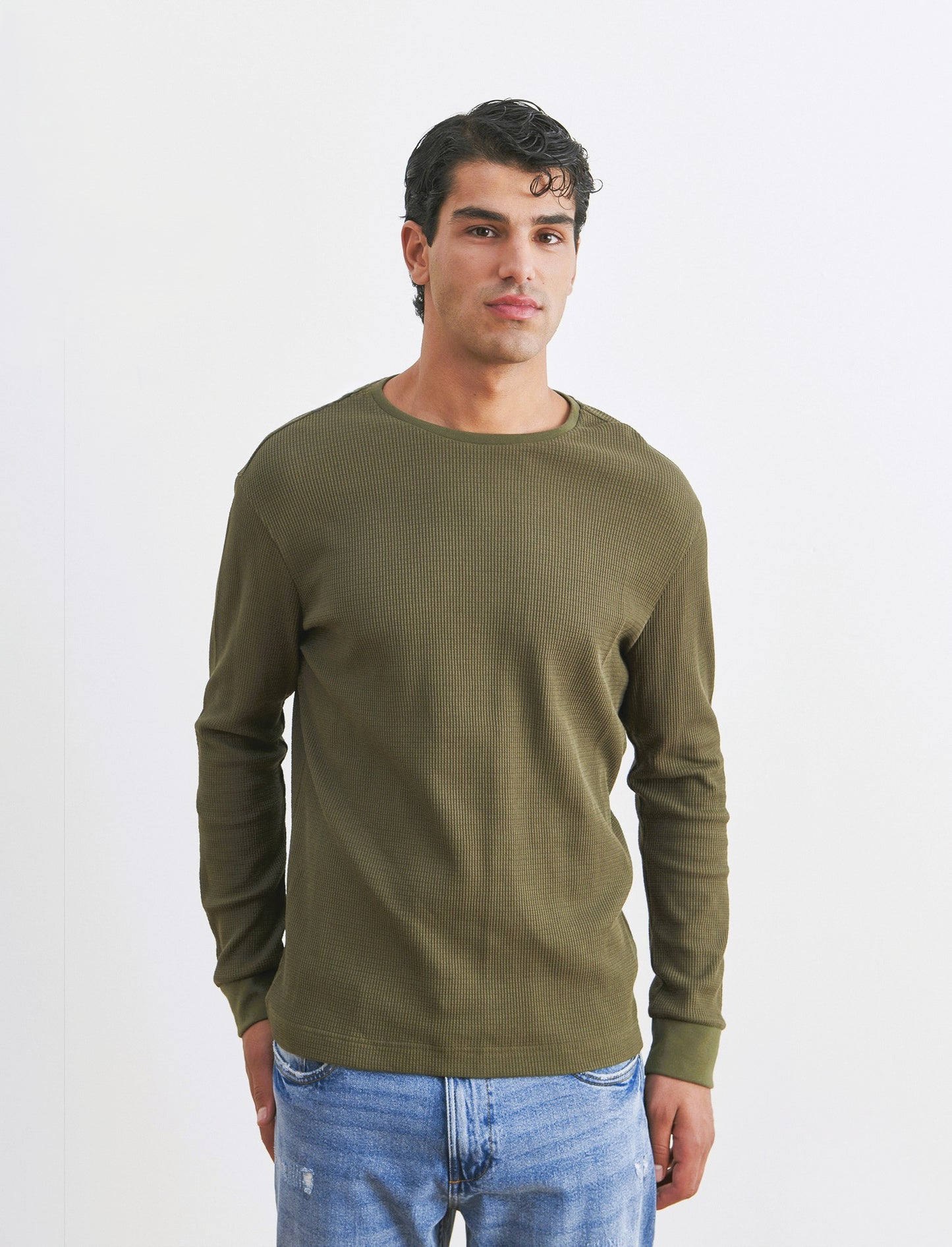 T-SHIRT  IN WAFFLE  SLIM FIT - Verde militare