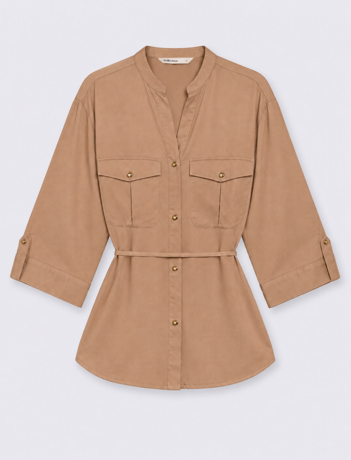 camicia manica lunga scollo a v - Cammello