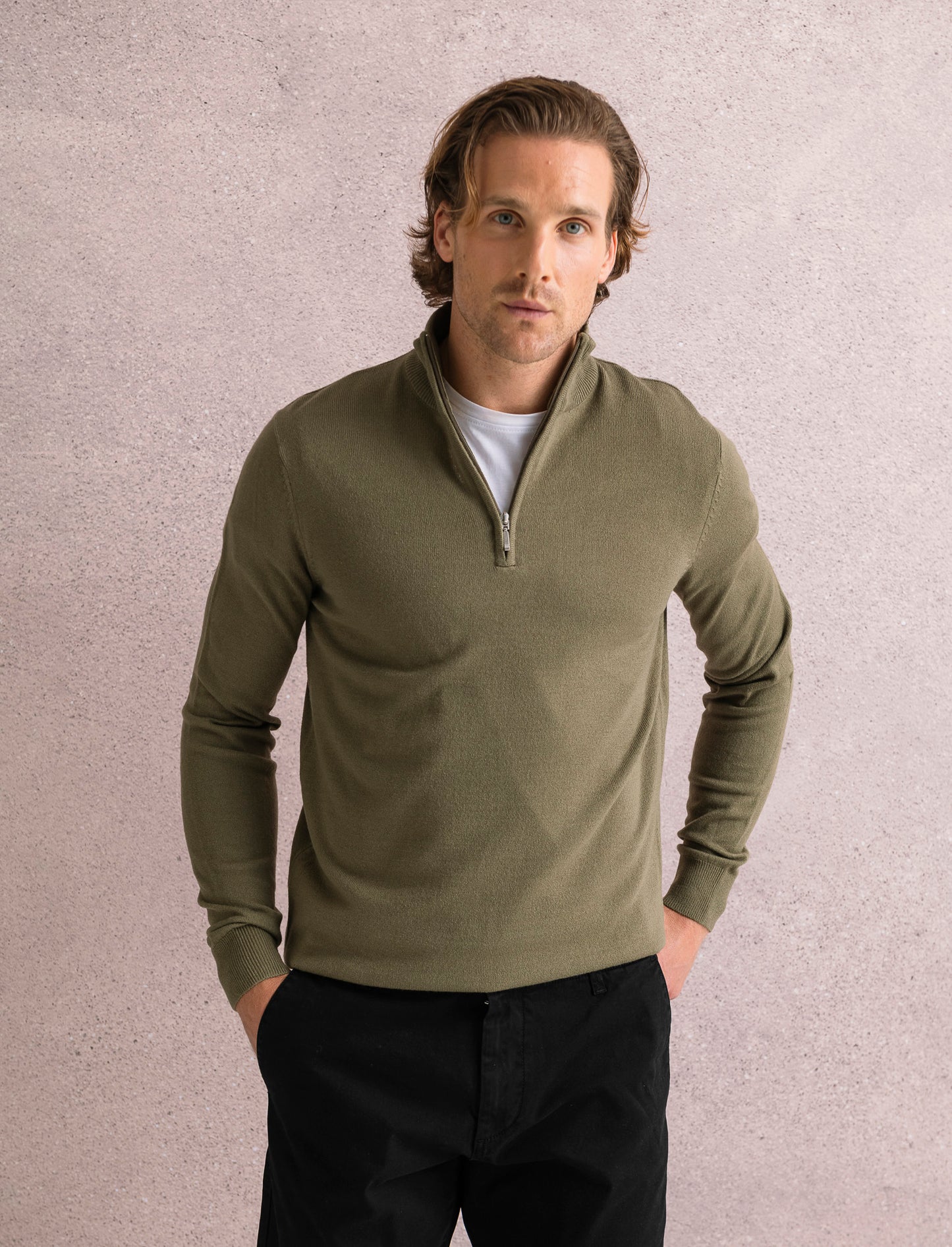 MAGLIA BASIC COLLO ALTO ZIP - Verde oliva