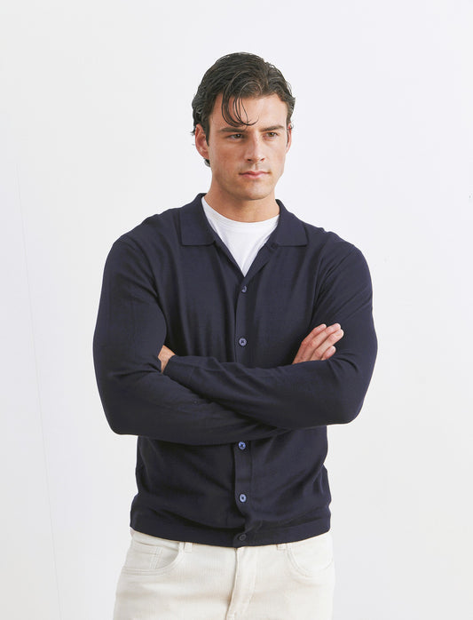 MAGLIA IN MISTO VISCOSA MODELLO POLO CARDIGAN - Blu