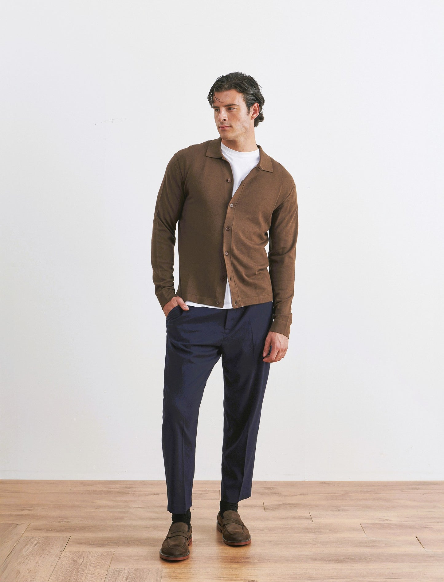 MAGLIA IN MISTO VISCOSA MODELLO POLO CARDIGAN - Moro
