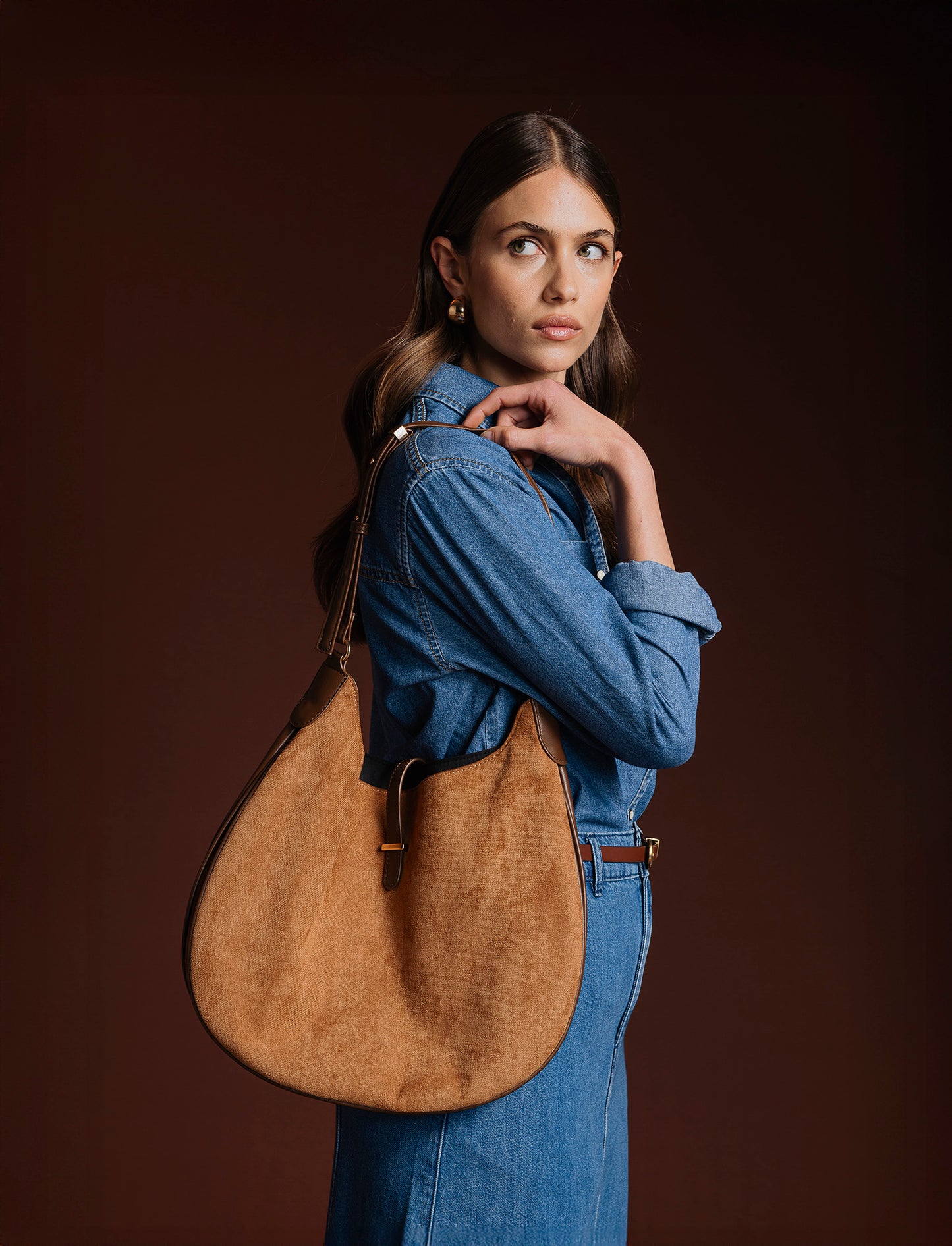 Borsa donna sacca mezzaluna in suede - Marrone