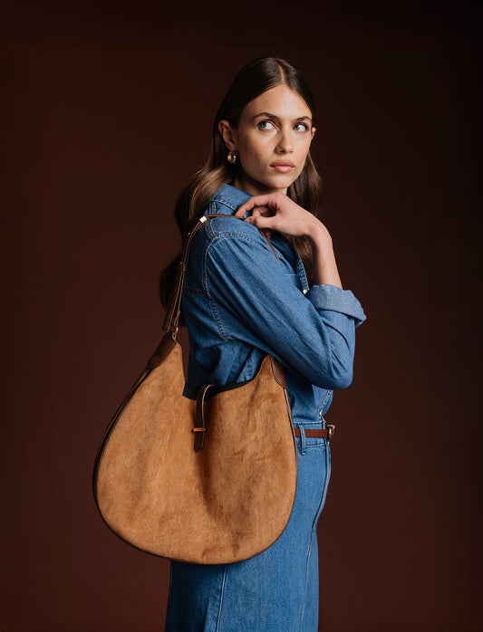 Borsa donna sacca mezzaluna in suede - Marrone
