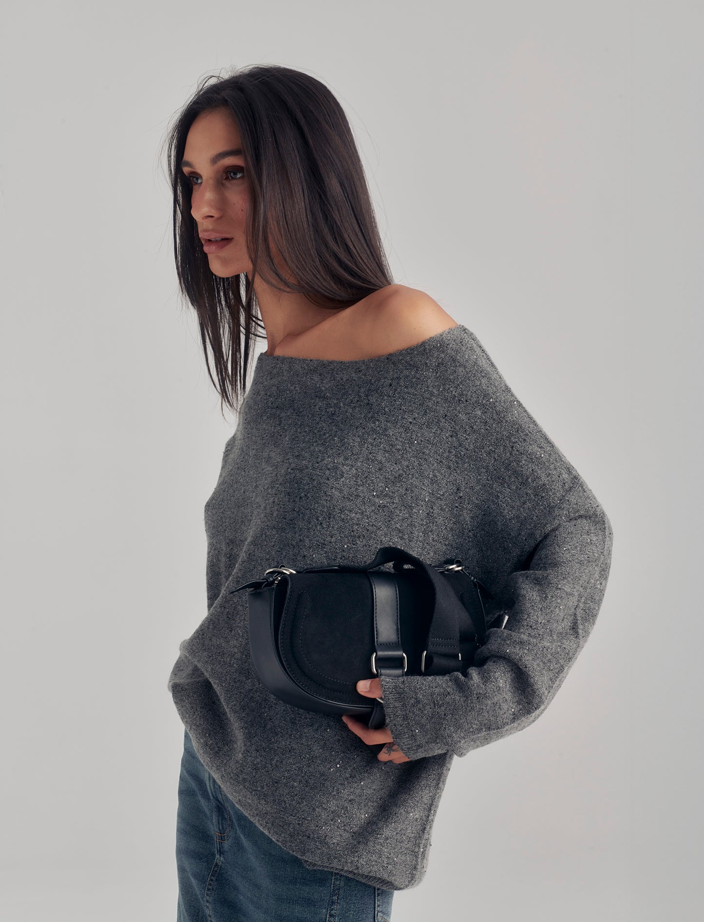 Tracolla in suede con patta donna - Nero