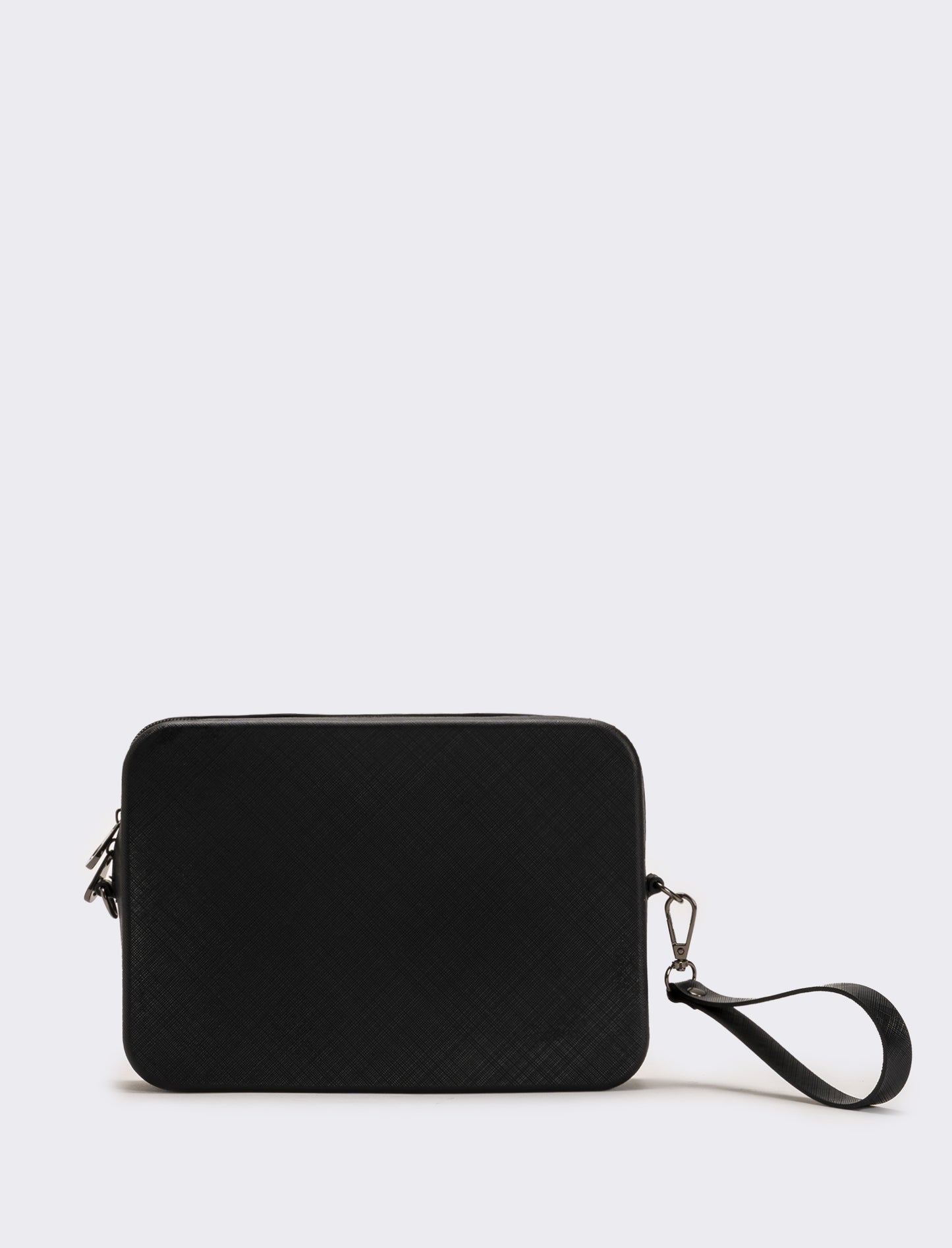 Borsa pochette uomo gommata con stampa saffiano,tracolla e maniglia - Nero