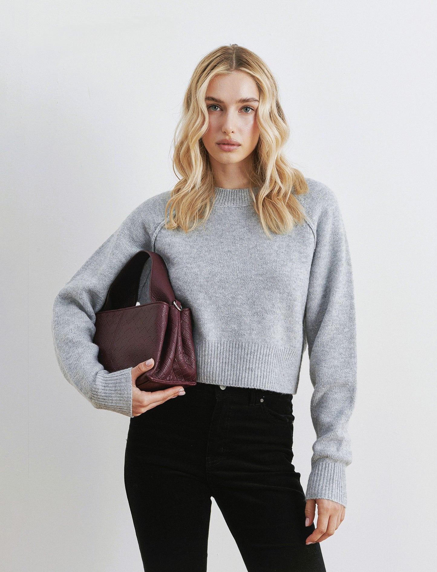 PULLOVER CROP CON CUCITURE IN RILIEVO - Grigio chiaro mel.