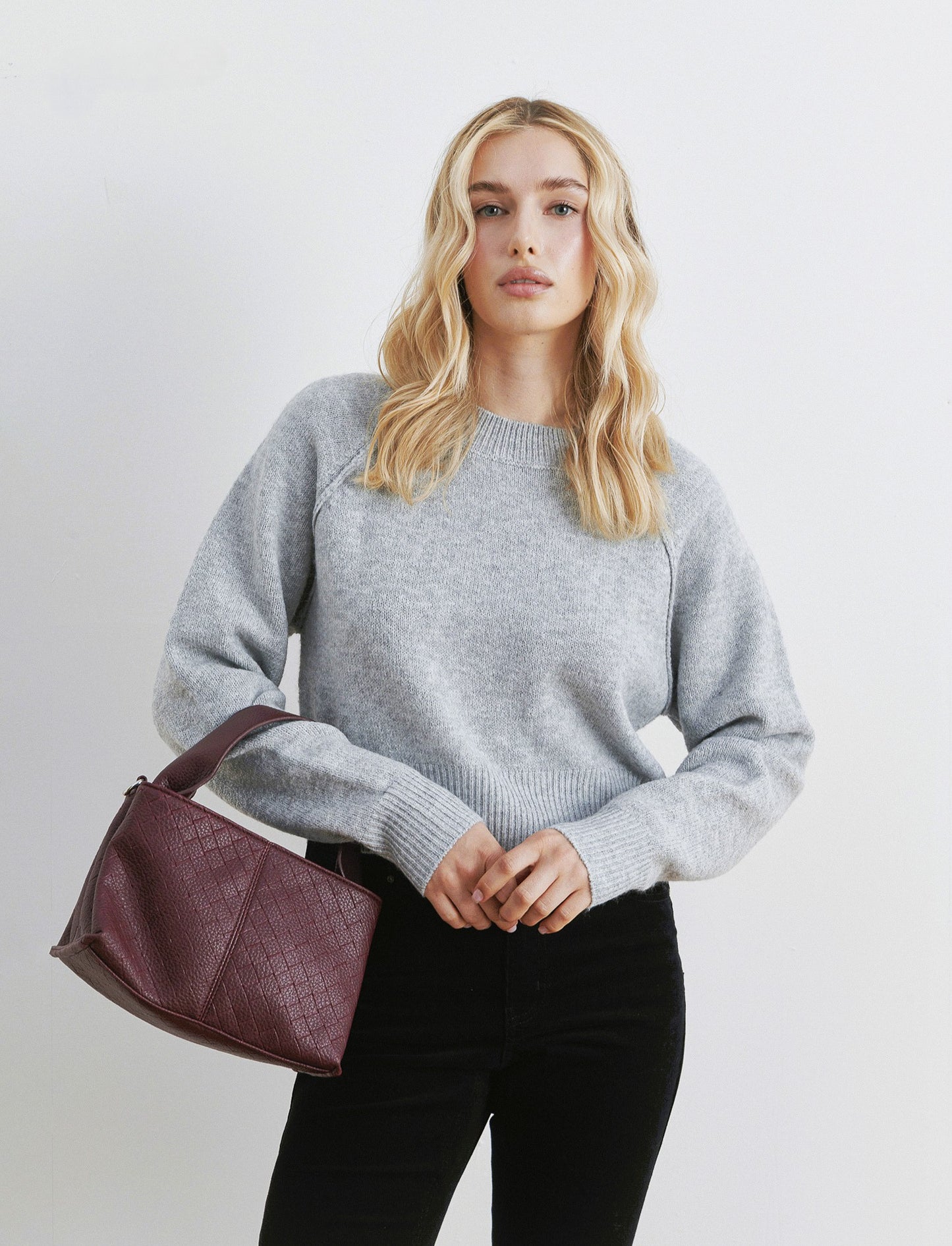PULLOVER CROP CON CUCITURE IN RILIEVO - Grigio chiaro mel.