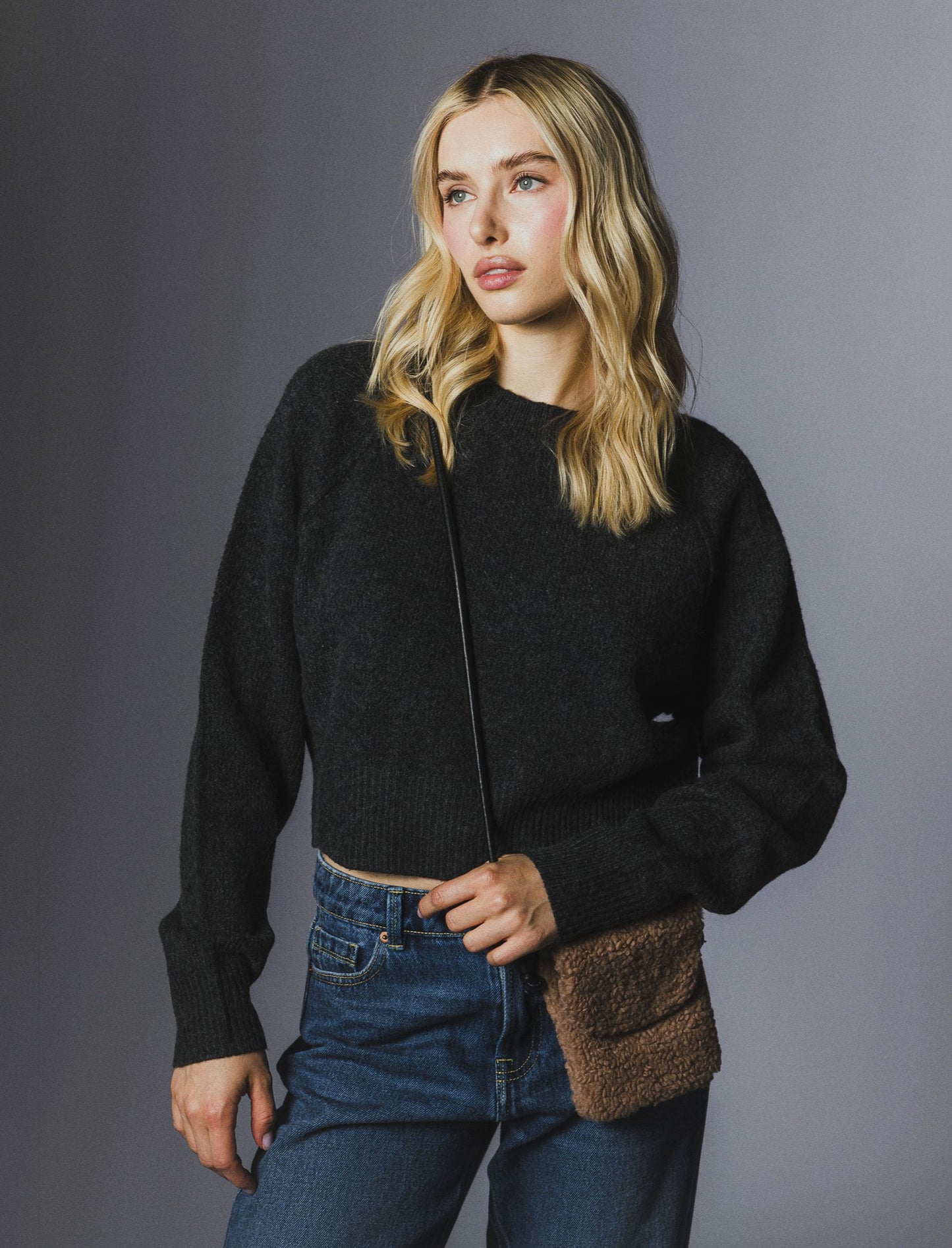 PULLOVER CROP CON CUCITURE IN RILIEVO - Antracite melange