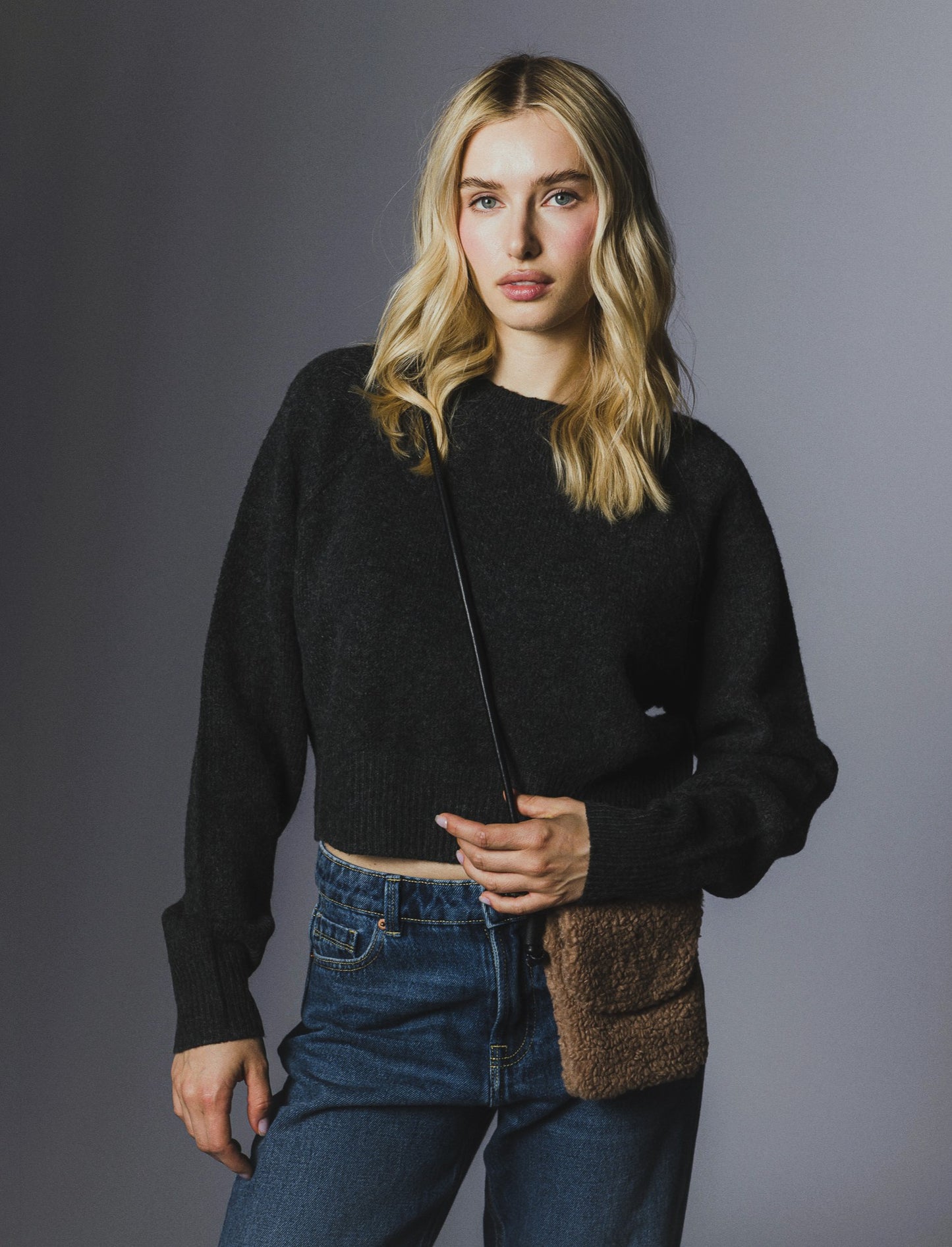 PULLOVER CROP CON CUCITURE IN RILIEVO - Antracite melange