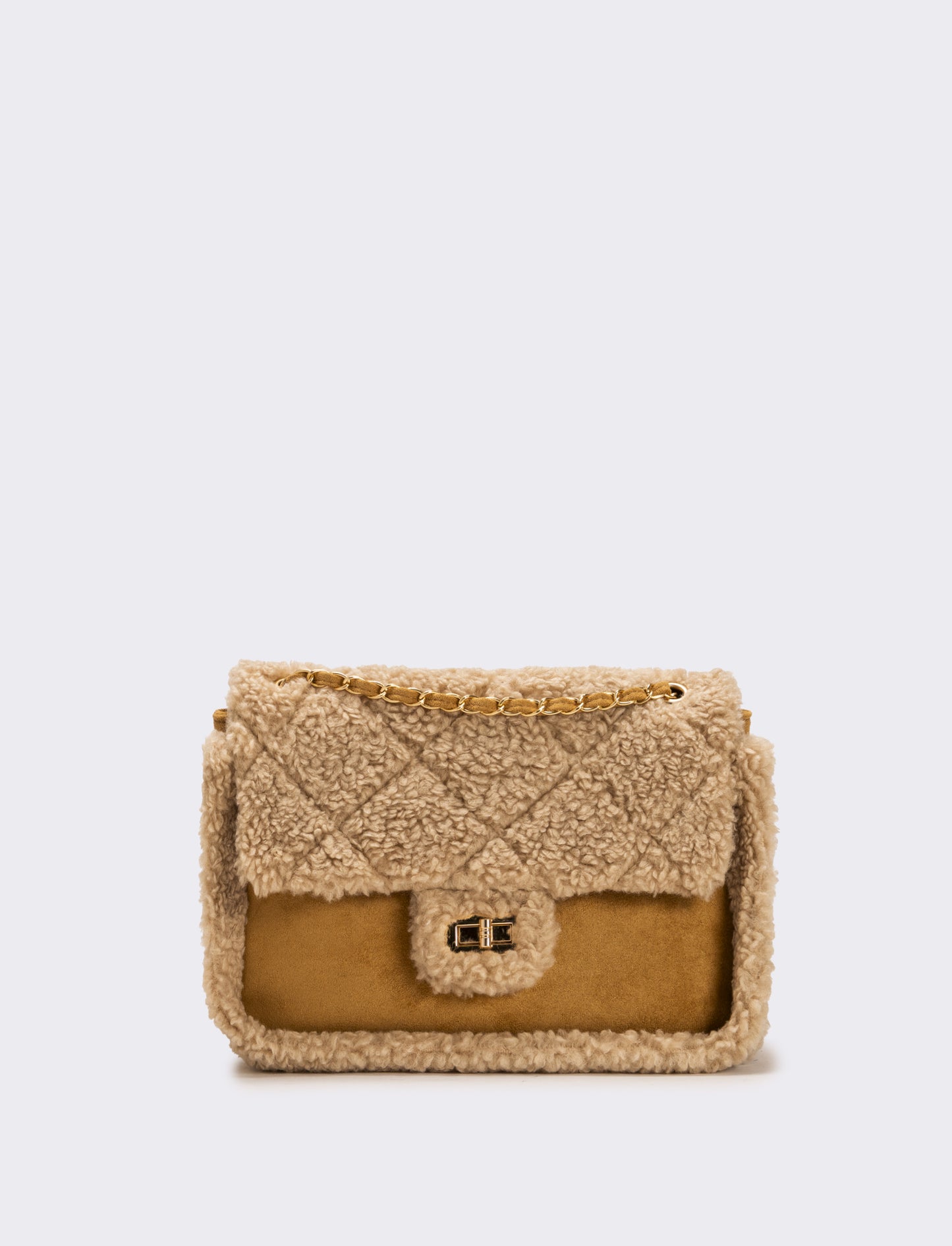 Borsa a tracolla donna in finto montone con catena - Beige
