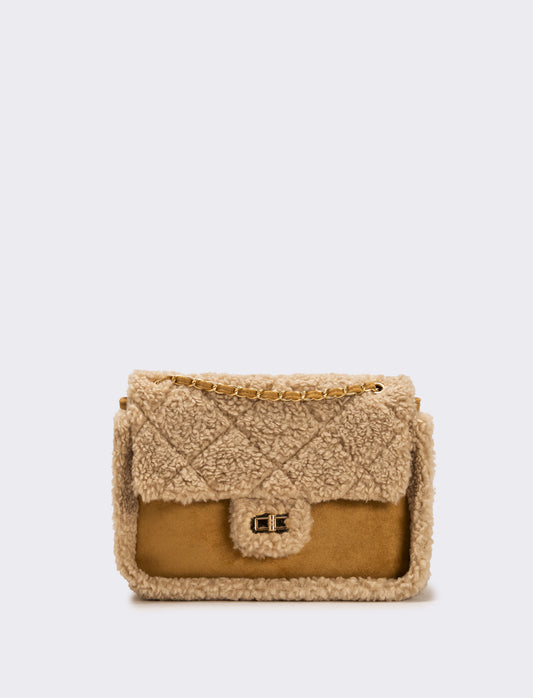 Borsa a tracolla donna in finto montone con catena - Beige