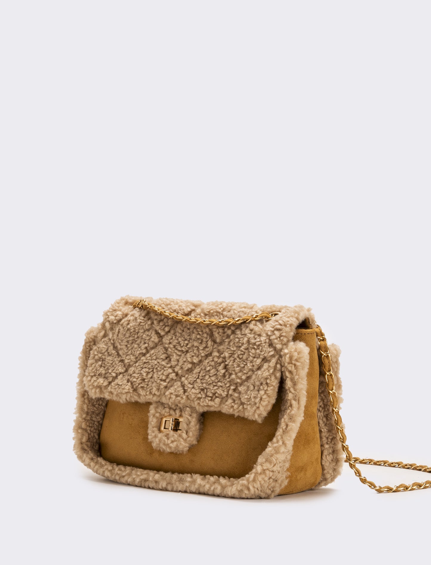 Borsa a tracolla donna in finto montone con catena - Beige