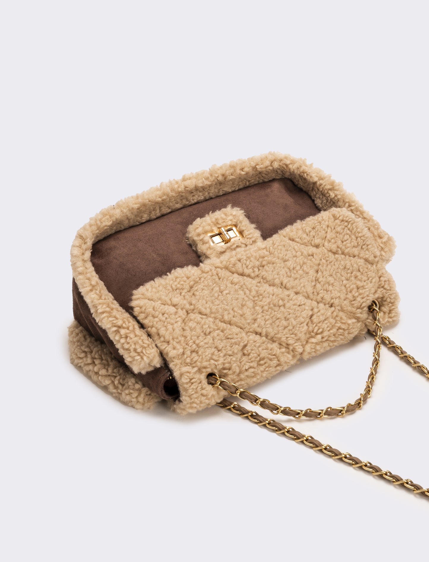 Borsa a tracolla donna in finto montone con catena - Marrone
