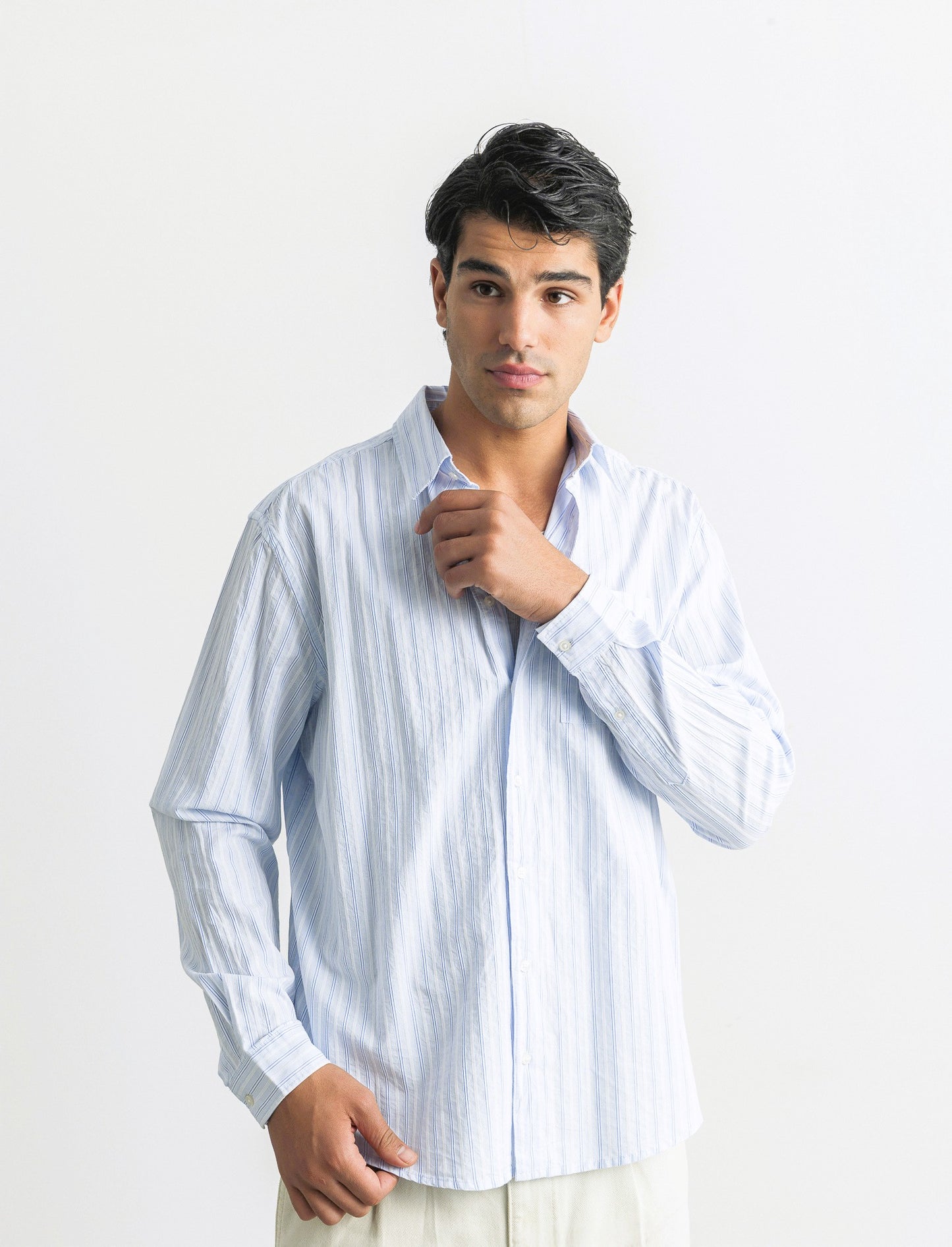 CAMICIA FANTASIA A RIGHE - Celeste