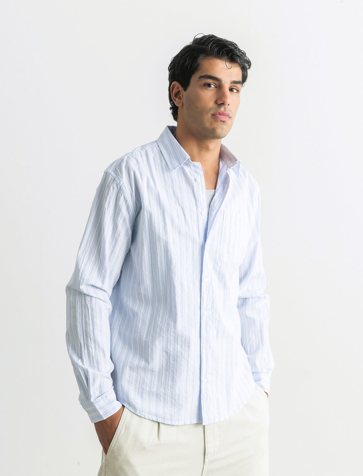 CAMICIA FANTASIA A RIGHE - Celeste