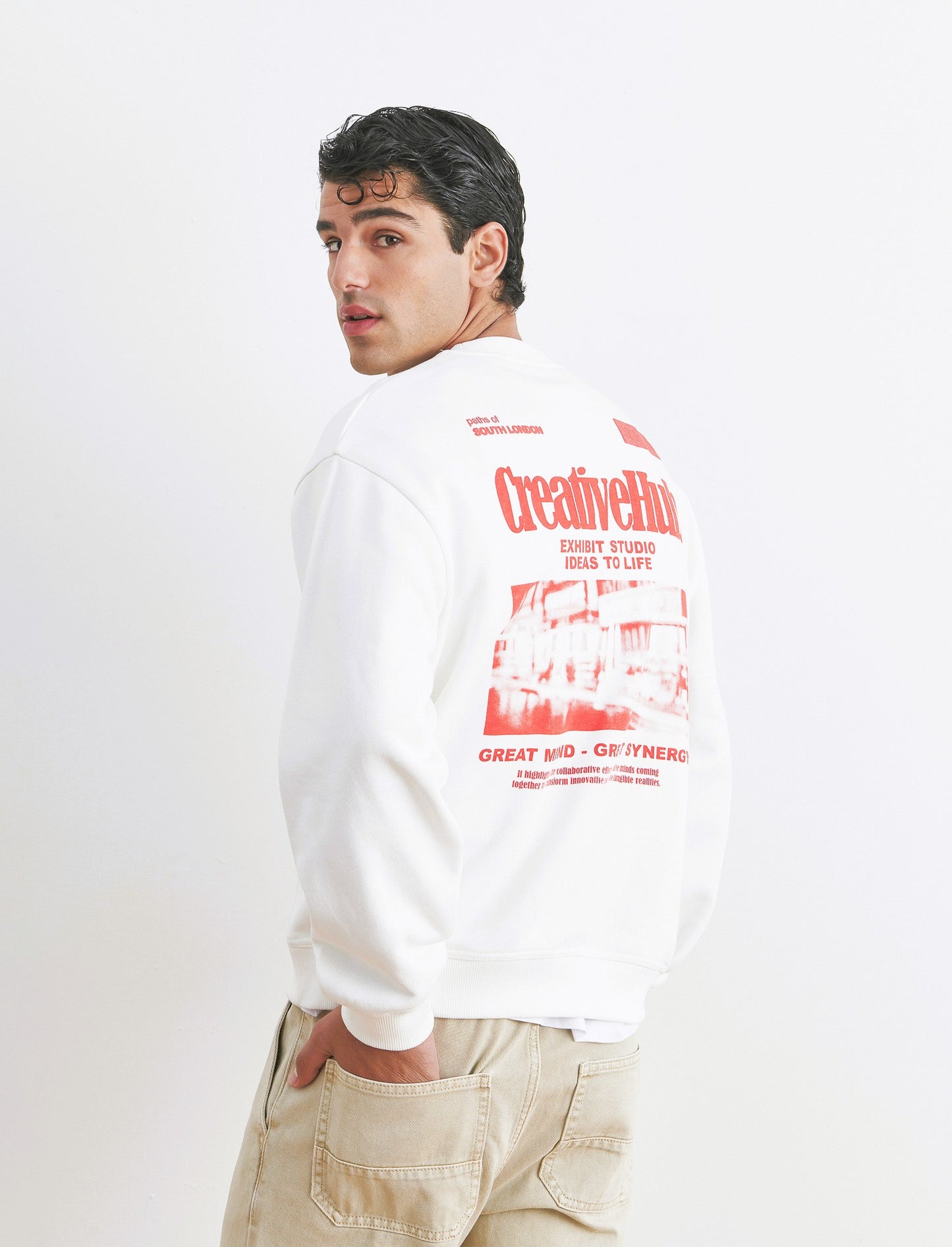 FELPA GIROCOLLO BOXY FIT CON STAMPA - Bianco