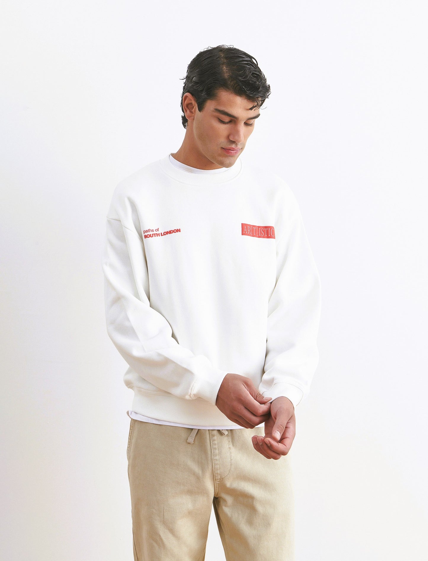 FELPA GIROCOLLO BOXY FIT CON STAMPA - Bianco