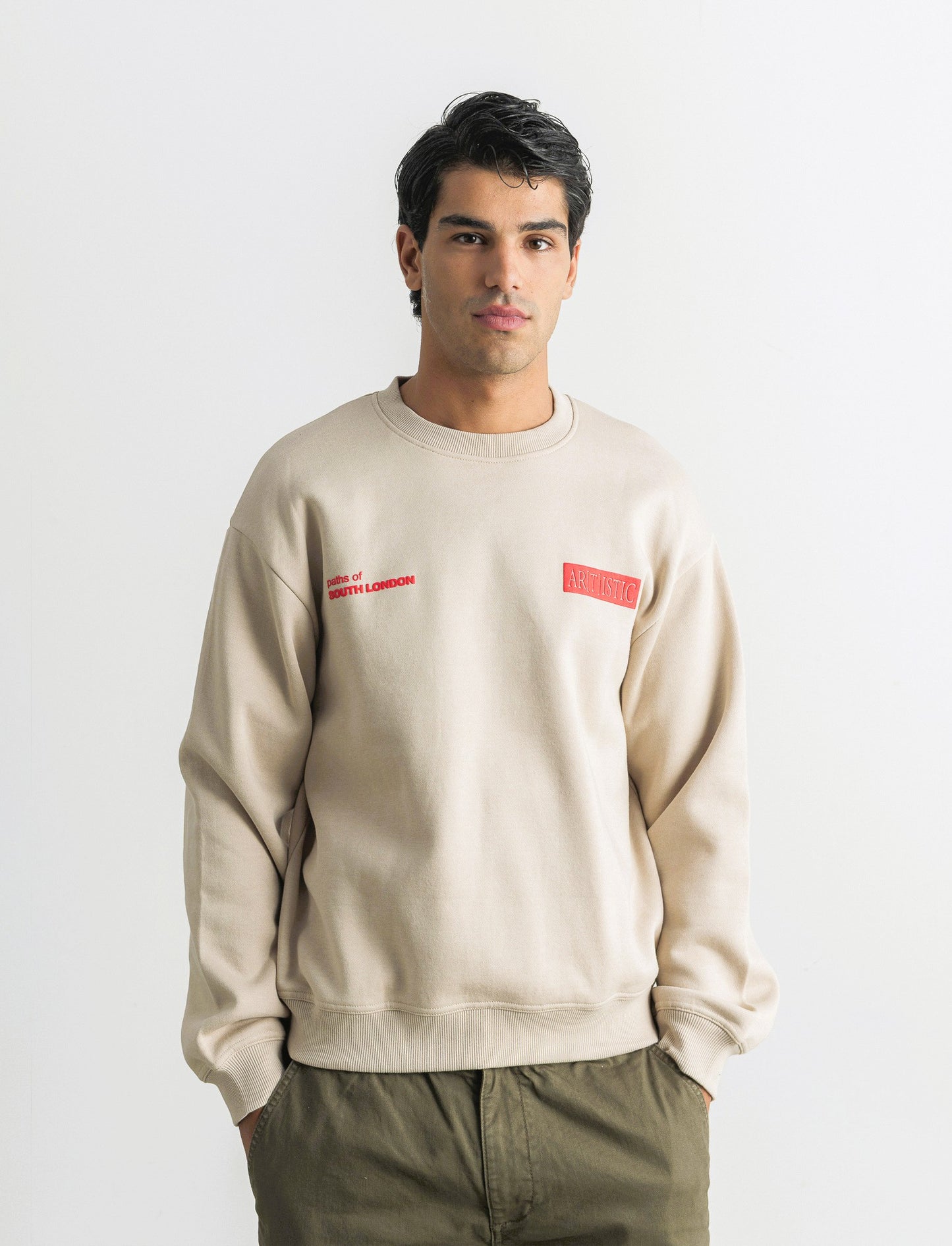 FELPA GIROCOLLO BOXY FIT CON STAMPA - Beige